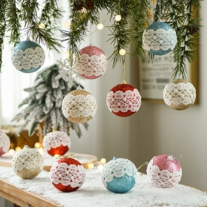 Lace-trimmed foam Christmas balls with glitter finish hanging on a festive tree