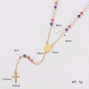 Golden stainless steel rosary necklace with colorful beads and cross pendant dimensions