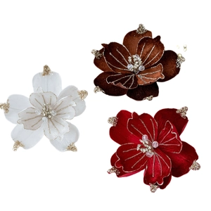 Three 22cm velvet Christmas magnolia flowers with gold glitter and pearl beads