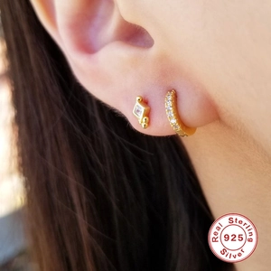 925 Sterling silver hoop earrings with zircon stones and square stud on ear