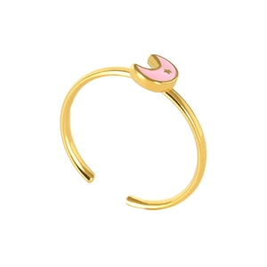 Adjustable gold plated titanium steel ring with pink enamel moon and star design