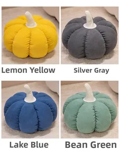 Détails des coussins citrouille en velours côtelé jaune, gris, bleu et vert, tissu doux