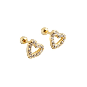 Elegant s925 silver heart screw earrings with gold finish and white sparkling crystals