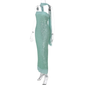 Detail of turquoise sequin tube maxi dress with matching neck scarf on mannequin