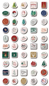 Close-up of 50 colorful cartoon Christmas stickers with various festive holiday designs