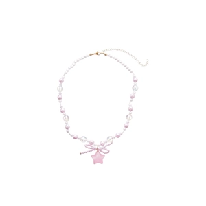 Pink bow and star pendant necklace with mixed pearls and gold lobster clasp
