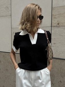 Polo En Tricot À Manches Courtes Pour Femmes Couleur Contrastée Viscose Col En V Coupe Ajustée Haut Décontracté
