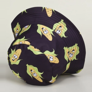 Black bucket hat with cartoon corn print and reinforced brim stitching for sun protection