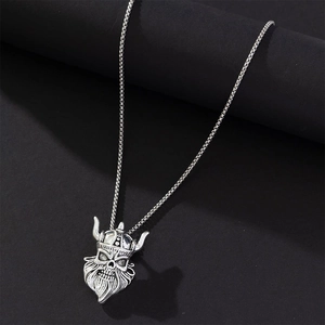 Viking warrior skull pendant necklace with horned helmet and silver box chain