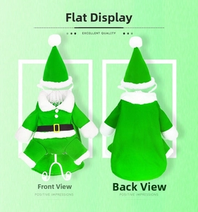 Front and back flat lay of green fleece Christmas elf pet costume with hat