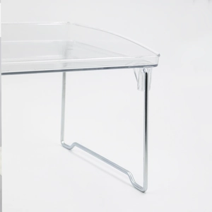 Minimalist clear acrylic tiered desk organizer with sleek silver metal supporting legs