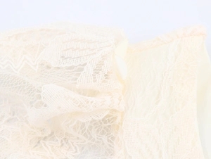 Detailed macro view of delicate beige lace fabric with intricate floral net patterns