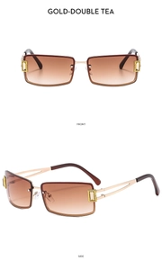 Detailed front and side views of gold square rimless sunglasses with gradient tea lenses
