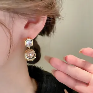 French style gold plated pearl drop earrings with zircon crystals for women