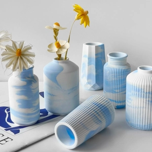 Set of 6 blue marble resin vases in various shapes for home decor and DIY craft display