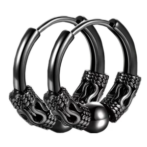 Punk style matte black stainless steel huggie earrings with dragon scale relief and black bead