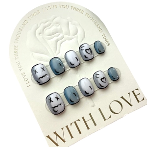 Handmade 2D cartoon manga style press-on nails with 10 grey-blue artistic nail tips
