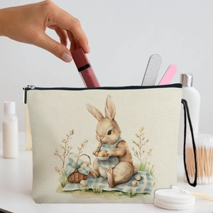Easter Bunny Cosmetic Makeup Bag Linen Zippered Travel Toiletry Pouch With Wrist Strap For Women Girls Holiday Gift
