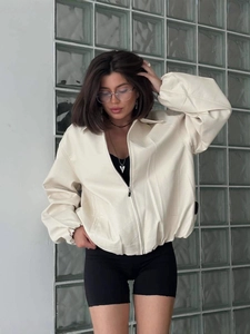 Women Baseball Jacket Zipper Long Sleeve Cotton Polyester Plain Loose Streetwear Casual Outerwear Cream White
