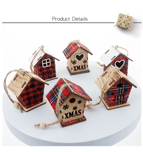 Set of six wooden Christmas house ornaments with red plaid fabric and festive engravings