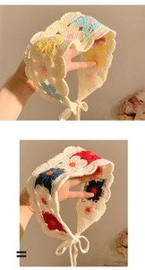 Detail of two handmade crochet floral headscarves with hollow-out patterns in vibrant colors