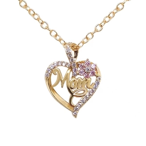 Gold heart MOM pendant necklace with pink flower and cubic zirconia accents