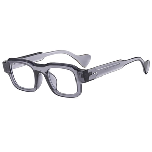 Translucent gray square flat frame glasses with thick wavy temples on a white background