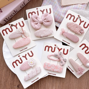 Kids Girls Pink Fabric Bow Hair Clips Sweet Tweed Lace Flower Handmade Style Hairpins Bangs BB Clips
