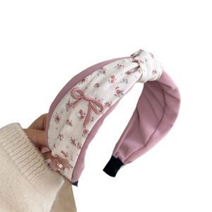 Pink floral French hairband with delicate bow embroidery on high-quality fabric