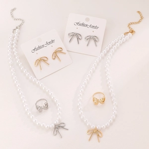Elegant bow knot pearl jewelry set with necklace earrings and rings in gold and silver