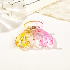 Detail of transparent square hair claw with yellow to pink gradient and silver spring
