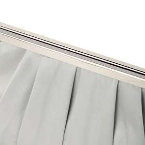 Close-up of the silver metal frame and clasp on a pleated satin evening clutch bag