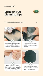 Four-step cleaning guide for dark green round air cushion sponge with washing liquid