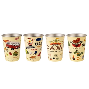 Set of four 304 stainless steel camping cups with various outdoor themed engravings