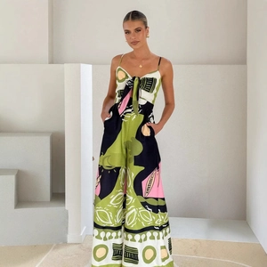 Bohemian digital print jumpsuit with hollow-out front bow and wide-leg design