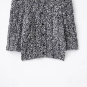 Women's grey cable knit button-up cardigan sweater with round neck and mid sleeves