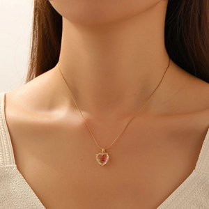 Collier Pendentif Coeur Rouge Chaîne En Acier Inoxydable Plaqué Or Cuivre Cristal Transparent Bijoux Pour Femmes