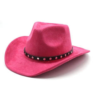 Rose pink faux suede western cowboy hat with studded black leather band and curved brim