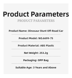 Specifications for dinosaur stunt toy car featuring ABS material and net weight details
