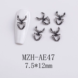 Detailed silver-black spider nail art charms with macro view of 3D metal textures