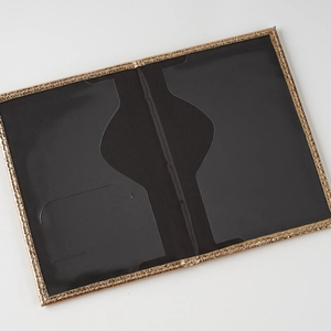Detail view of gold embossed passport cover with internal card slots and black lining