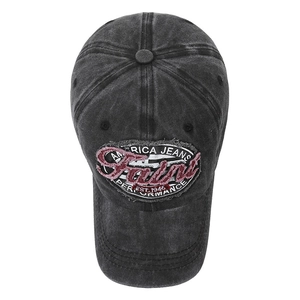 Vintage washed charcoal baseball cap with distressed denim and letter patch embroidery