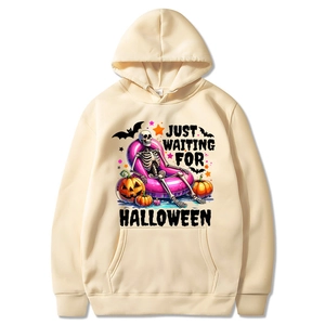 Apricot Halloween hoodie with pumpkin print and Just Waiting For Halloween text