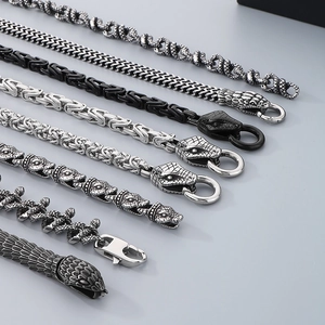 Vintage punk snake head stainless steel bracelets in silver and black metal finishes