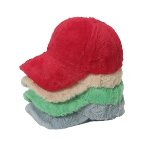 Vertical stack of plush faux rabbit fur baseball caps in red, beige, green, and grey colors