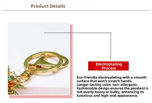 Detail showing electroplated gold keychain with colorful rhinestones and lobster clasp