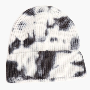 Black and white tie-dye ribbed knit beanie with fold-over cuff for winter warmth