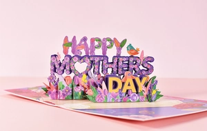 3D pop-up card for Mother's Day featuring purple flowers, birds, and festive greeting text