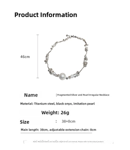 Detail of silver-tone bead and pearl necklace with 38+8cm adjustable chain length