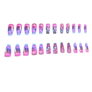 Colorful coffin fake nails with fantasy mushroom and forest art in 24-piece set